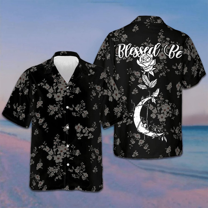 Seamless Floral Blessed Be Rose Moon Wicca Hawaiian Shirt Mens Beach Button Up Clothing