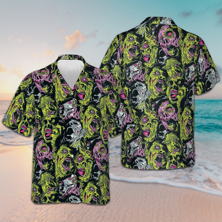 Horror Zombie Head Hawaiian Shirt Men's Short Sleeve Button Down Shirts Gifts For Summer