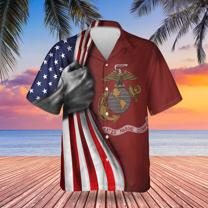 U.S Marine Corps Flag Inside American Flag Hawaiian Shirt Patriotic Holiday 4Th July Gift IDeas