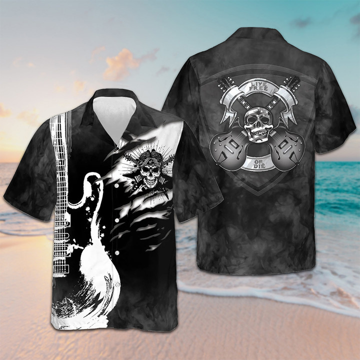 Live Free Or Die Guitar On Smoke Hawaiian Shirt Mens Button Up Shirts Music Lovers Gifts