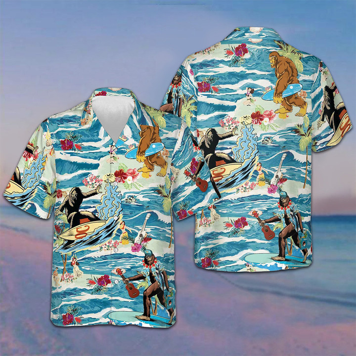 Surfing Bigfoot Hawaiian Shirt Vacation Button Up Shirt Gifts For Family