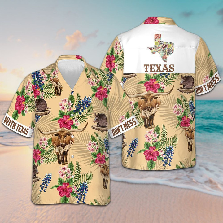 Don't Mess With Texas Armadillo and Longh Hawaiian Shirt Texas Lover Button Up Beach Shirts Men
