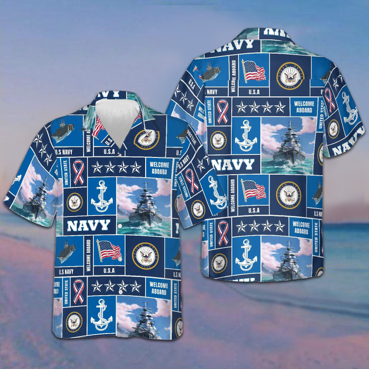 US Navy Welcome To Aboard Hawaiian Shirt Proud USN Button Down Beach Shirts Gifts For Him