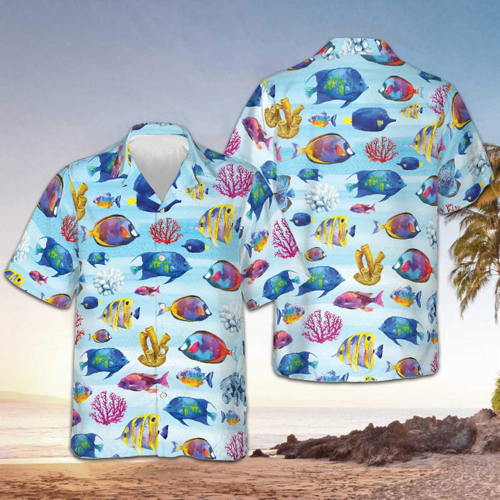 Fish And Corals Hawaiian Shirt Summer Colorful Fish Print Button Down Shirt