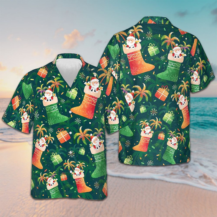 Santa Christmas Socks Pattern Hawaiian Shirt Cool Button Up Shirt Mens Xmas Gifts