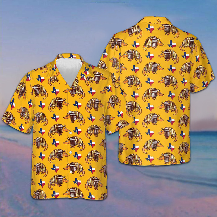 State Of Texas Flag Armadillo Hawaiian Shirt Proud Texas Yellow Button Up Shirt Men's