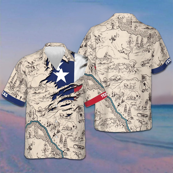 Texas State Map Hawaiian Shirt For Texas Lovers Button Up Shirt For Men's Gifts For Texans