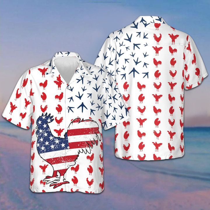 Rooster American Flag Hawaiian Shirt Patriotic Men's Button Up Shirts Gifts For Husband