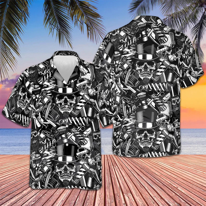 Barbershop Hawaiian Shirt Skull Graphic Men's Button Down Vacation Shirts Barbers Gifts