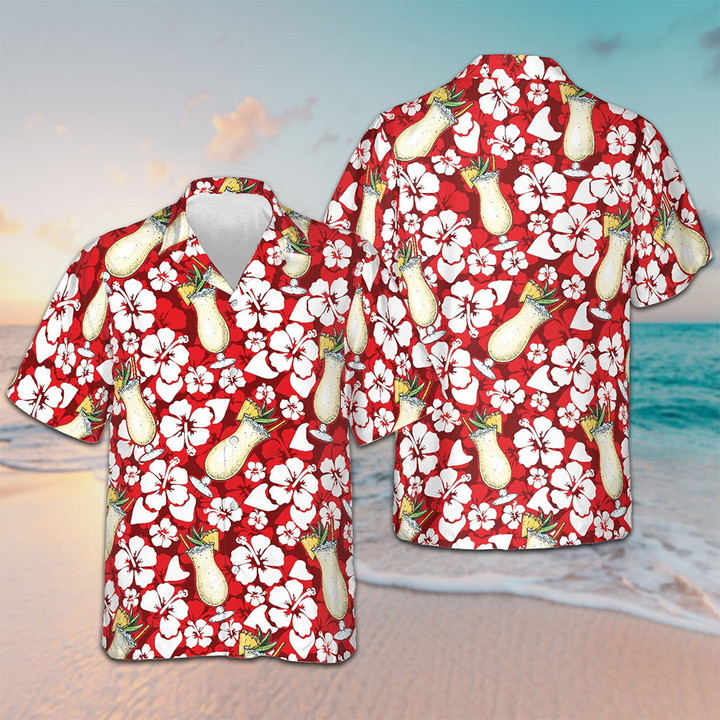 Pina Colada Cocktail And Hibiscus Flowers Pattern Hawaiian Shirt Summer Button Up Shirts Mens