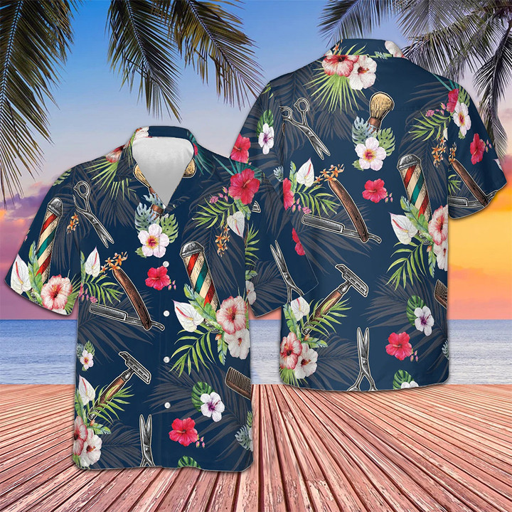 Barber Tools Tropical Hawaiian Shirt Men's Button Down Shirts For Summer Barber Gift Ideas