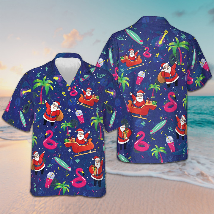 Santa Flamingo Tropical Pattern Hawaiian Shirt Mens Christmas Button Up Shirts Gift Ideas