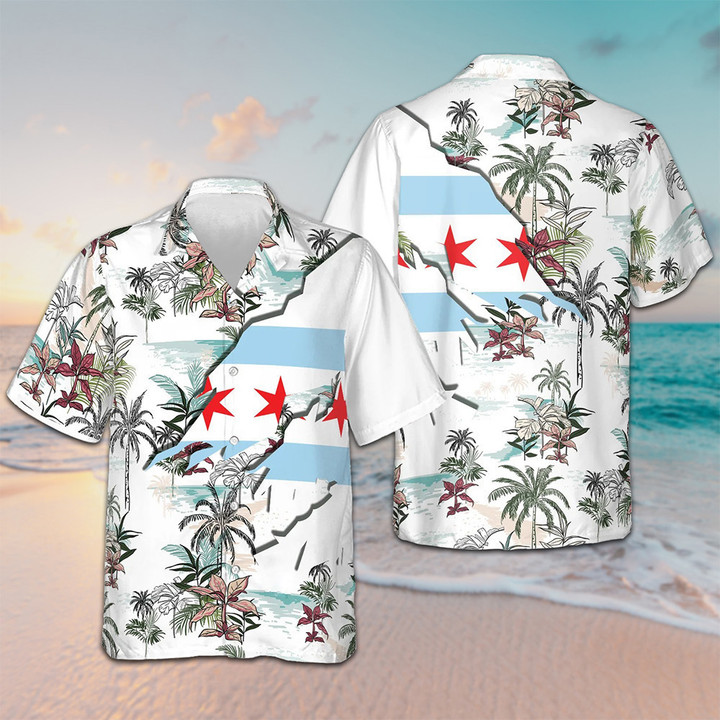 Navy Chicago Tropical Palm Island Hawaiian Shirt Mens Beach Button Up Gift Ideas