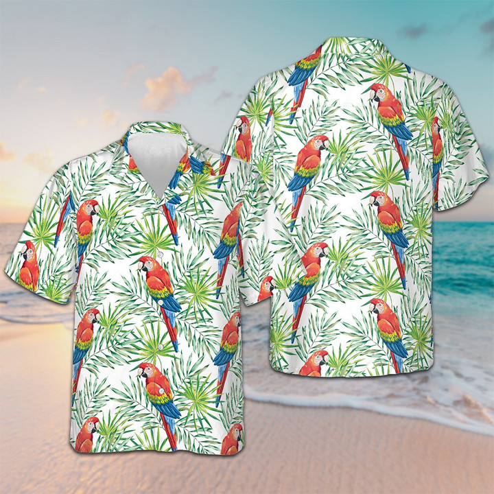 Macaw Parrots Green Palm Leaves Hawaiian Shirt Short Sleeve Button Up Beach Shirts For Men's