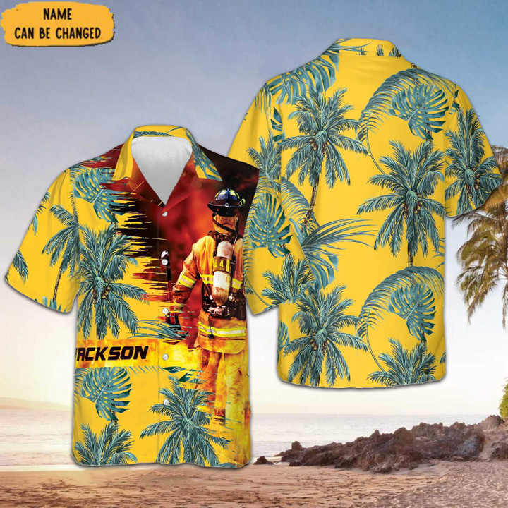 Personalized Firefighter Yellow Palm Tropical Hawaiian Shirt Fireman Gifts For Him