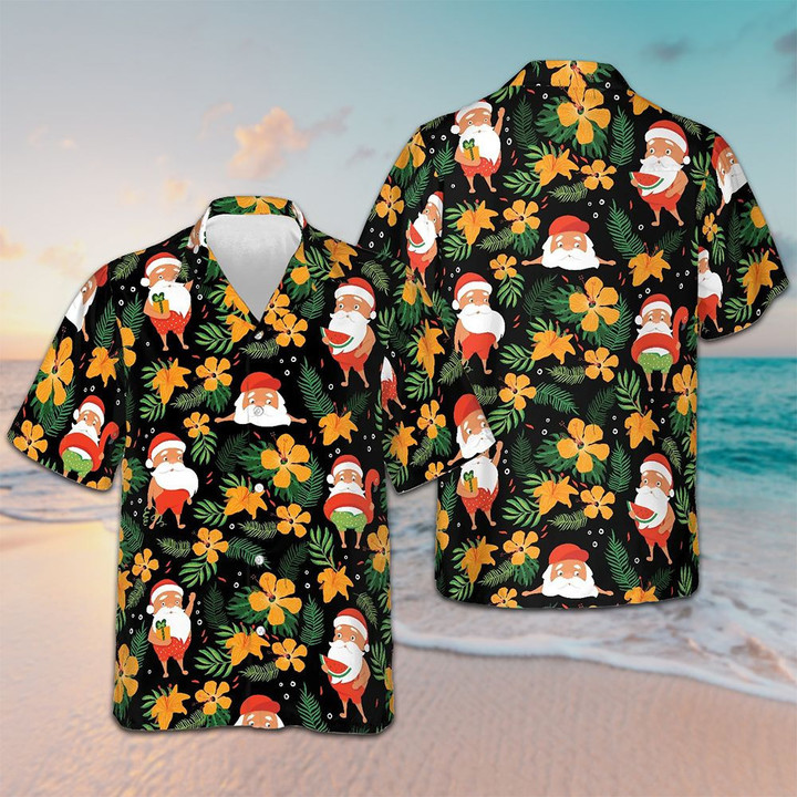 Santa Swimming Tropical Pattern Hawaiian Shirt Christmas Button Down Beach Themed Gifts