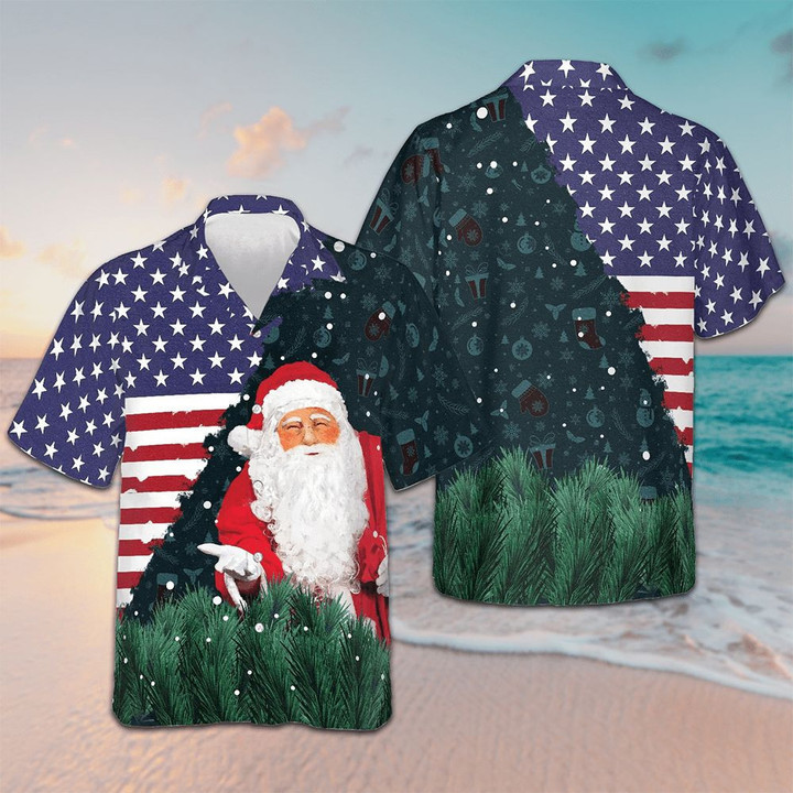 Santa USA Flag Pattern Hawaiian Shirt Happy Christmas Patriotic Button Up Shirt Gifts For Him