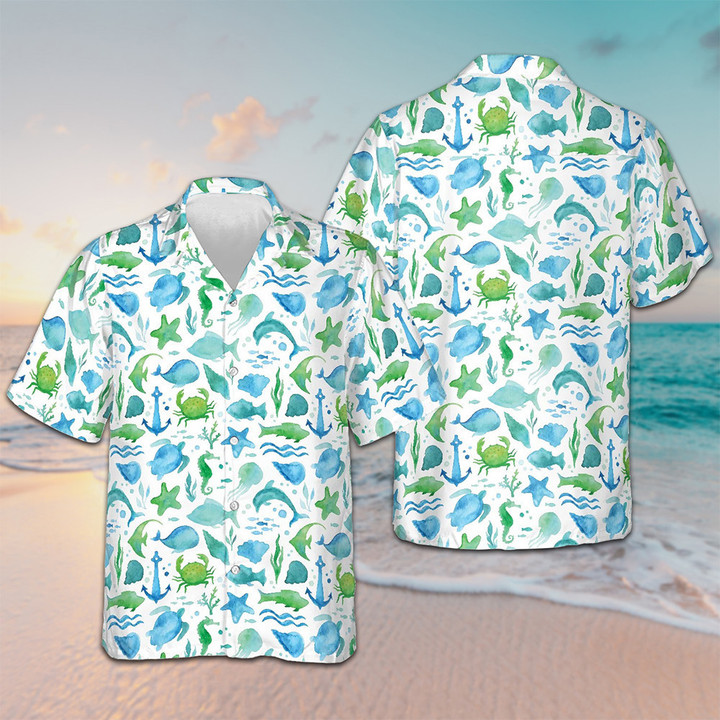 Ocean Fish Pattern Hawaiian Shirt Button Up Beach Shirts Men Gift Ideas For Son In Law