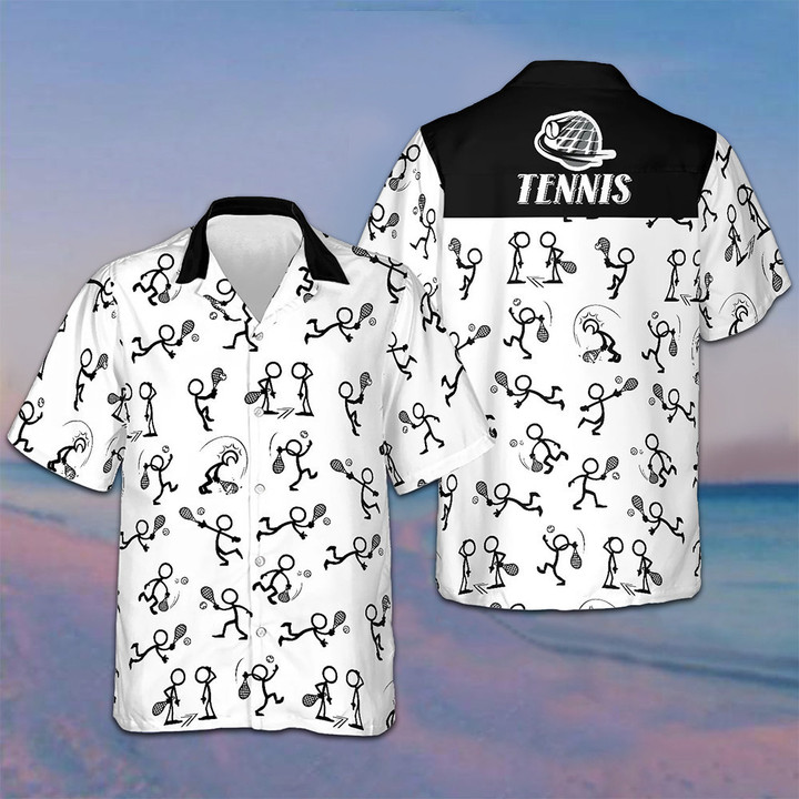 Stick Figures Tennis Black And White Hawaiian Shirt Tennis Lover Button Up Beach Shirts Men