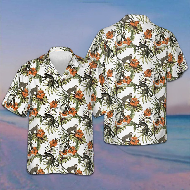 Tropical Red Hibiscus Flower Monkey Hawaiian Shirt Button Down Beach Shirts Best Uncle Gifts