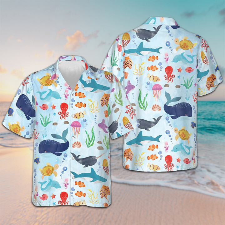 Ocean Fish Pattern Hawaiian Shirt Short Sleeve Button Up Beach Shirts Gift Ideas For Adult Son