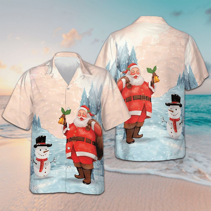 Santa With Snowman Hawaiian Shirt Men's Button Up Christmas Shirts Gifts For Dude