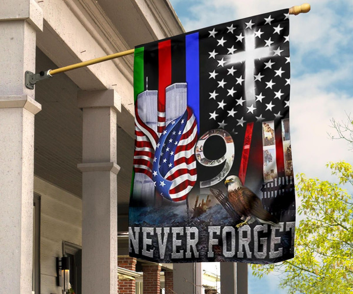 Cross 9.11 Never Forget Flag Thin Blue Red And Green Line Flag Memorial Twin Tower Attack Decor