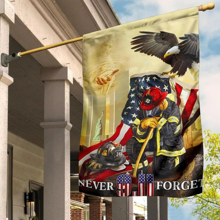 Eagle Never Forget 9.11 Flag Jesus Hands Out To 343 Firefighters Flag Front Door Decor