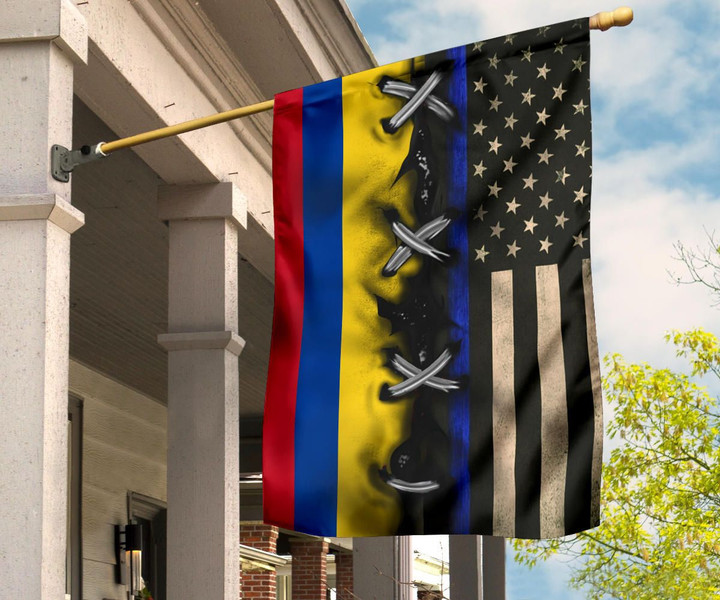 Colombian Flag With Thin Blue Line U.S Flag Vintage Old Retro Patriotic Support Law Enforcement