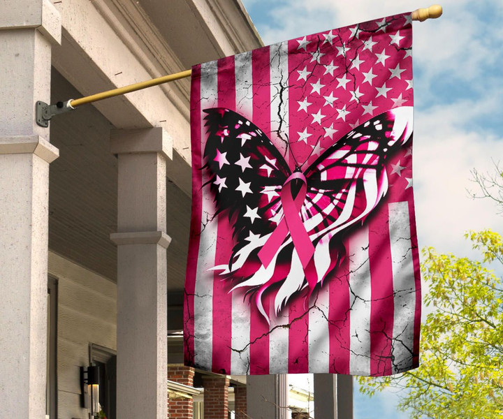 Butterfly Pink Ribbons American Flag Breast Cancer Awareness Merchandise Welcome Home Decor