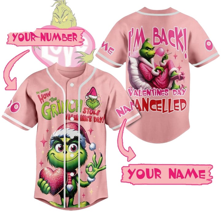 Custom Baseball Jersey, Grinch Valentine Shirt, Stole Valentines' Day Jersey, Funny Gift for Men Women