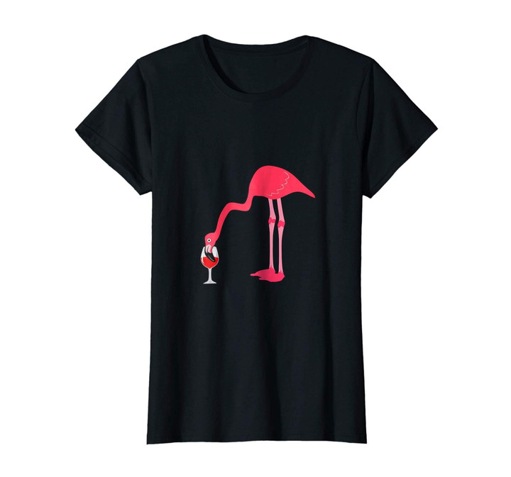 Womens Funny Pink Flamingo Drinking Wine | Summer T-Shirt Gift