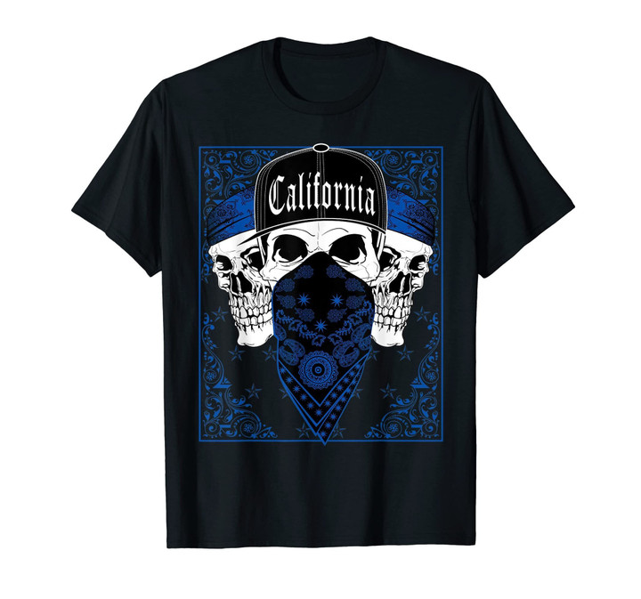 Mens CaliDesign California Blue Bandana T-shirt Skull Gangster OG