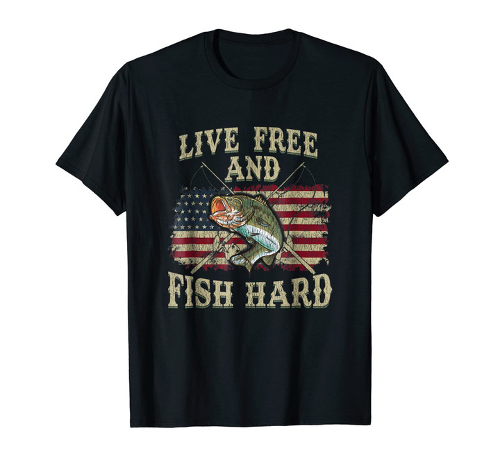 Live Free and Fish Hard Patriotic Fishing USA T-Shirt