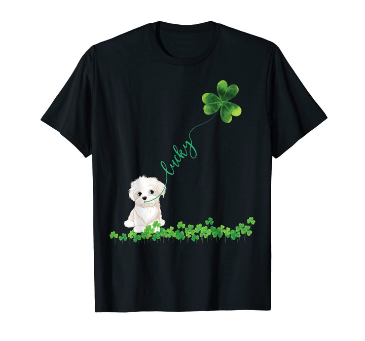 Lucky Maltese Dog Shamrock St Patrick day Tshirt for Women