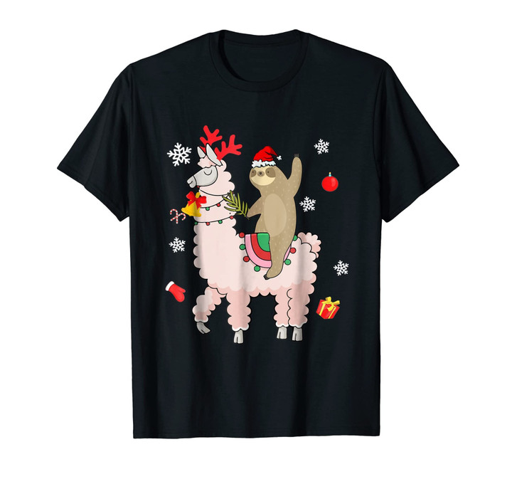 Santa Sloth Riding Llama Reindeer Christmas T-shirt