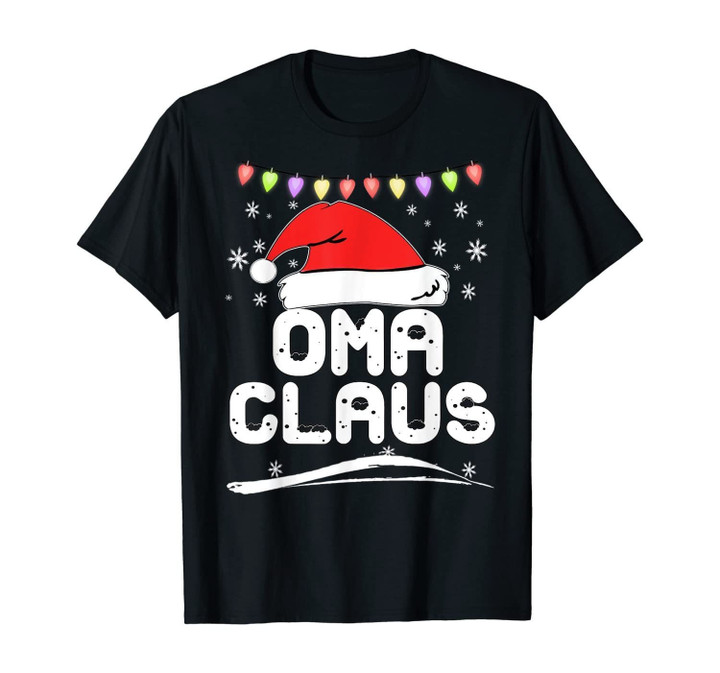 Oma Claus Christmas Family Pajama Santa Hat Lights Grandma T-Shirt