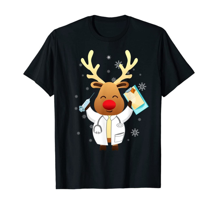 Medical Scrub Top Reindeer Nurse With Stethoscope Christmas T-Shirt