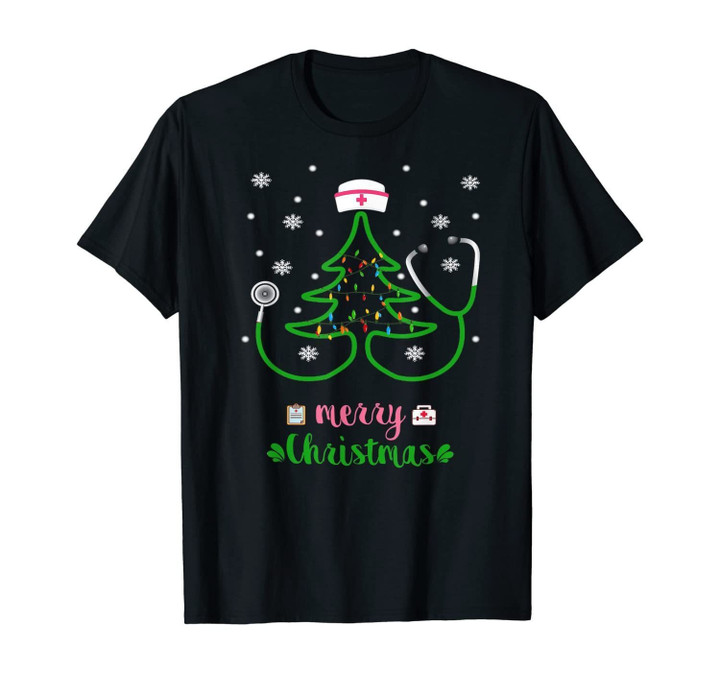 Nurse Christmas Stethoscope Tree Funny Nursing Gift Xmas T-Shirt