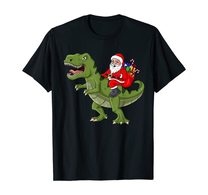 Santa Claus Riding T Rex Christmas Boys Girls Kids Xmas T-Shirt