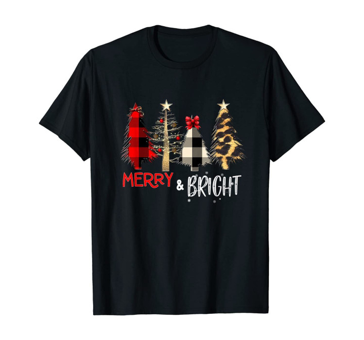 Merry and Bright Christmas Wild Leopard Plaid Trees Xmas T-Shirt