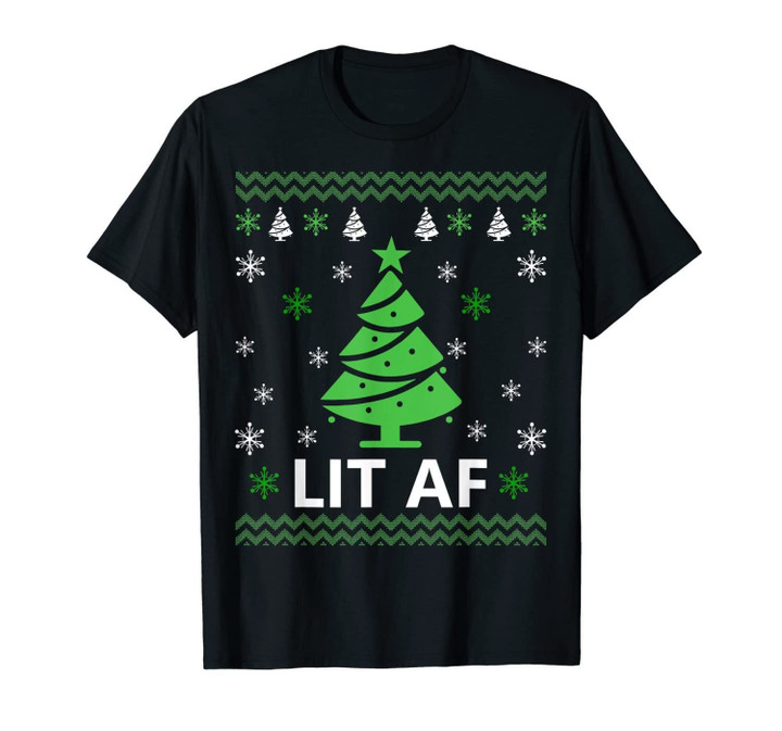 Lit Af Ugly Christmas Tree Costume Pajama Matching T-Shirt