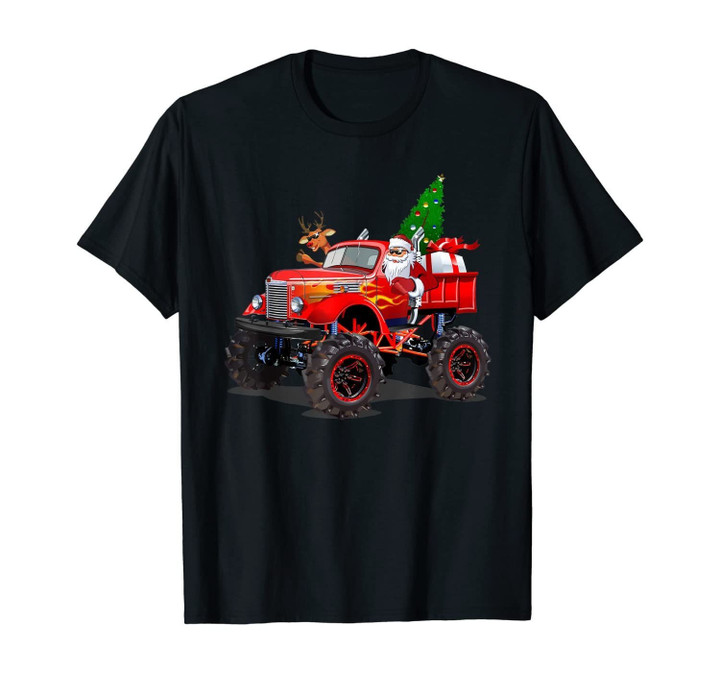 Monster Red Truck With Santa, Christmas Tree, Reindeer T-Shirt