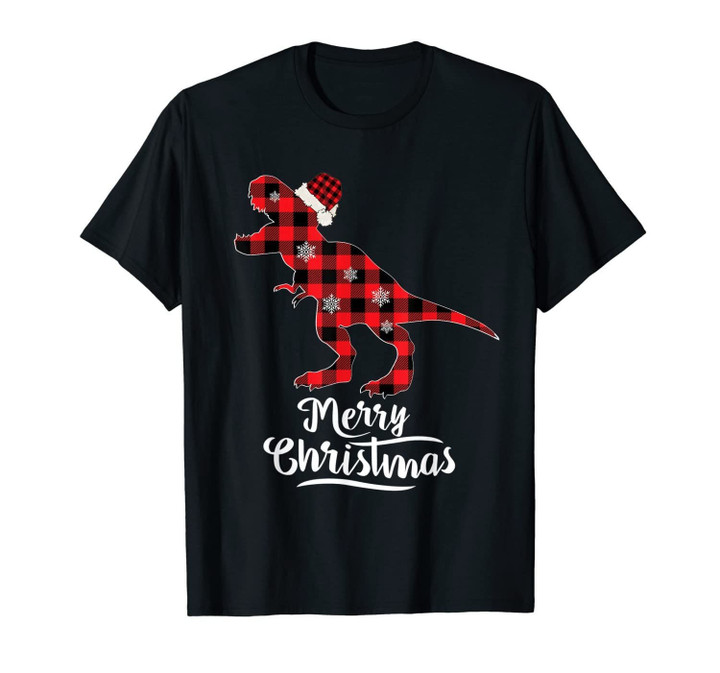 Red Plaid Dinosaur Merry Christmas Buffalo Family T-Shirt