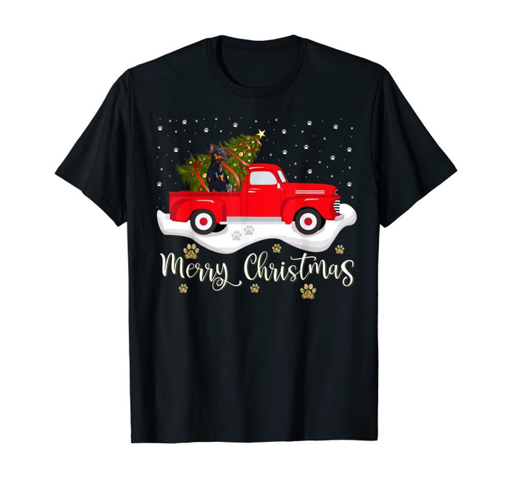 Red Truck Merry Christmas Tree Doberman Christmas T-Shirt