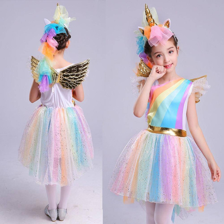 Girls' Dress Rainbow Unicorn Party With Headband  Cosplay Costume Kids 2019