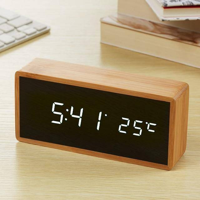 Bamboo Wooden Mirror Alarm Clocks Temperature with Sounds Control