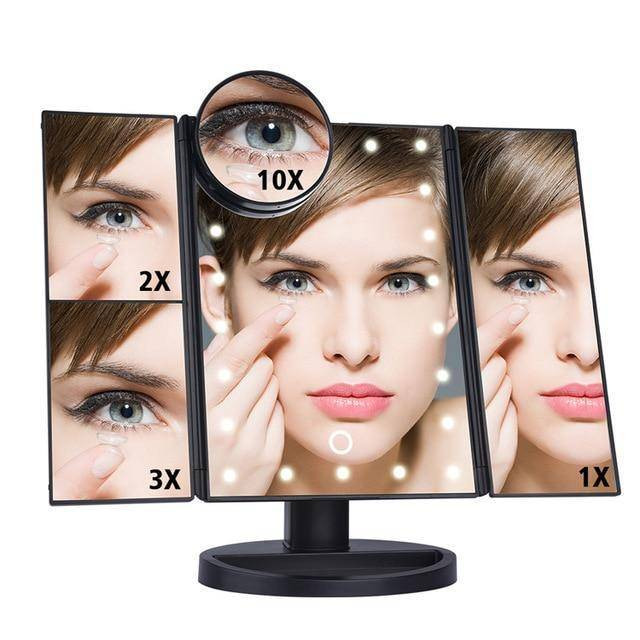 LED Touch Screen 22 Light Makeup Mirror 1X/2X/3X/10X Magnifying Mirrors Vanity 3 Folding Adjustable