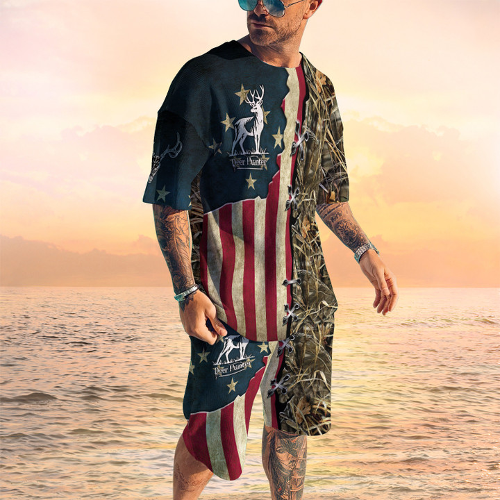 Deer Hunting Flag American Combo Tshirt And Boardshorts