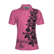 Bowling Girl Skull Short Sleeve Women Polo Shirt, Pink Skull Pattern Bowling Shirt For Female Players